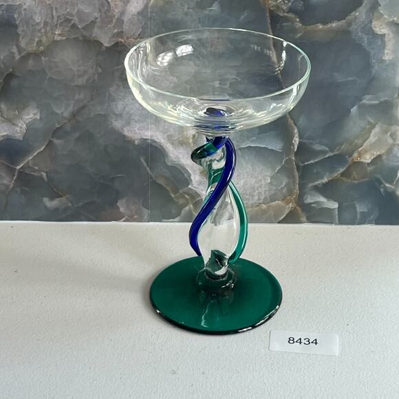 Hand Blown Margarita Glass 8" Blue & Green Twisted Stem Green Base - Picture 6 of 8